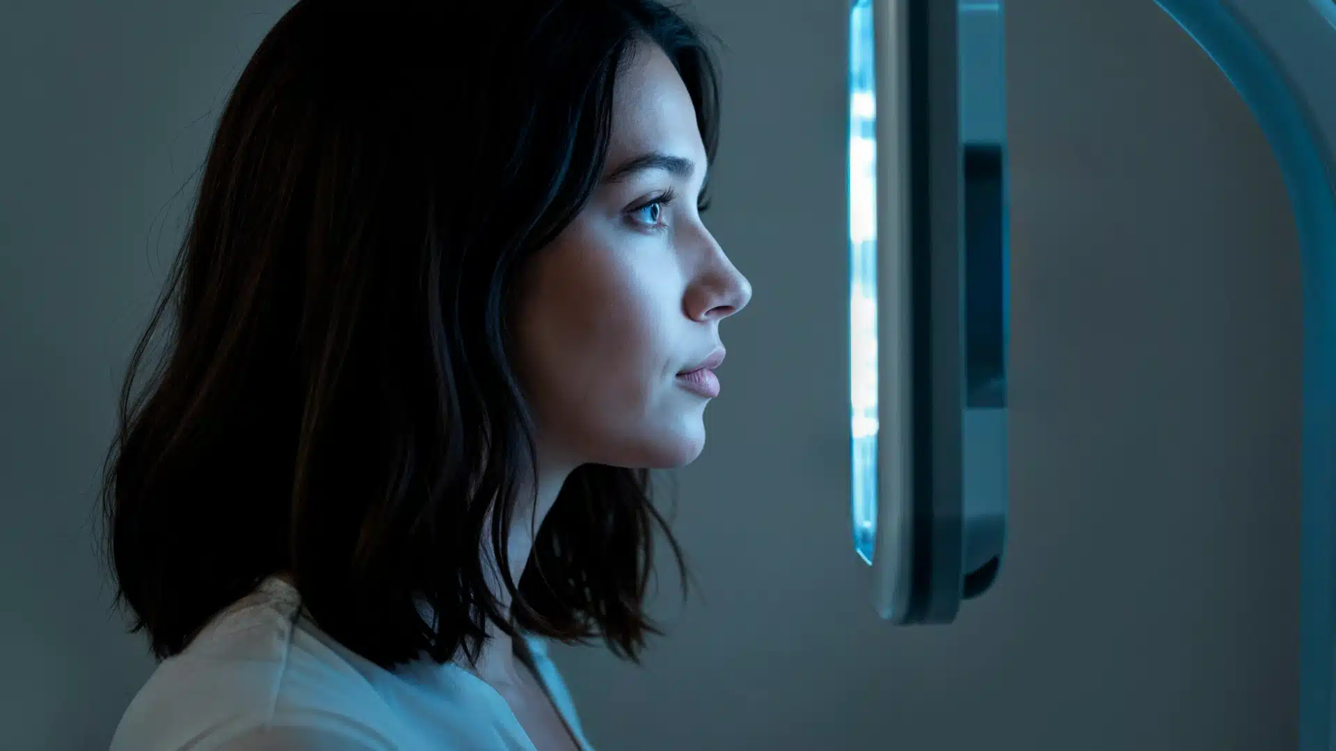 Health Hub 84 Young woman receiving bright light therapy session, sitting in front of a phototherapy lamp for circadian rhythm regulation, seasonal affective disorder treatment, and sleep improvement