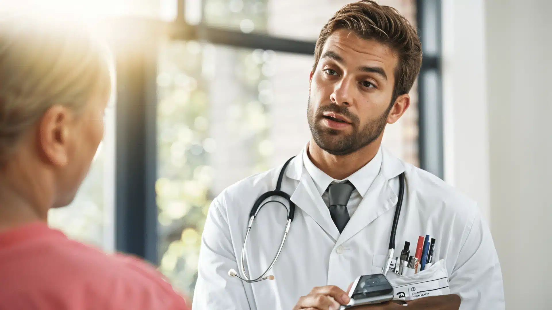 Health Hub 79 Young male doctor in white coat with stethoscope holding a clipboard while attentively discussing medical information with a patient in a bright clinic office